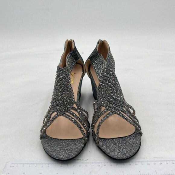YDN Grey Wedge Glitter Open Toe Rhinestones Cross Over Straps Mid Heels Sandals - Picture 3 of 8
